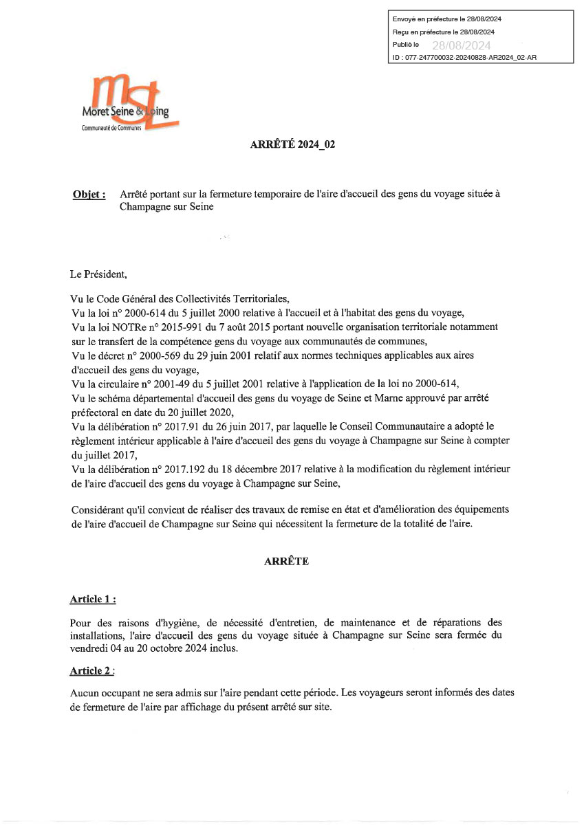 Arrêté portant sur la fermeture temporaire de l'aire d'accueil des gens du voyage située à Champagne sur Seine