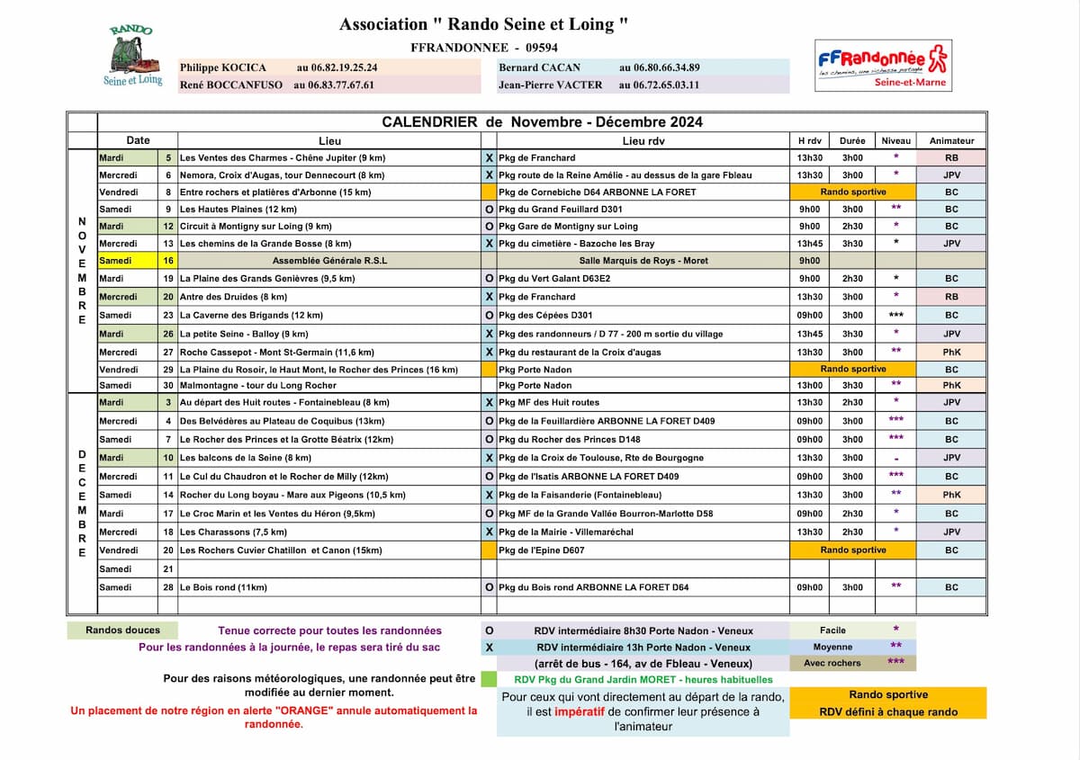 Calendrier des randonnées novembre/décembre 2024